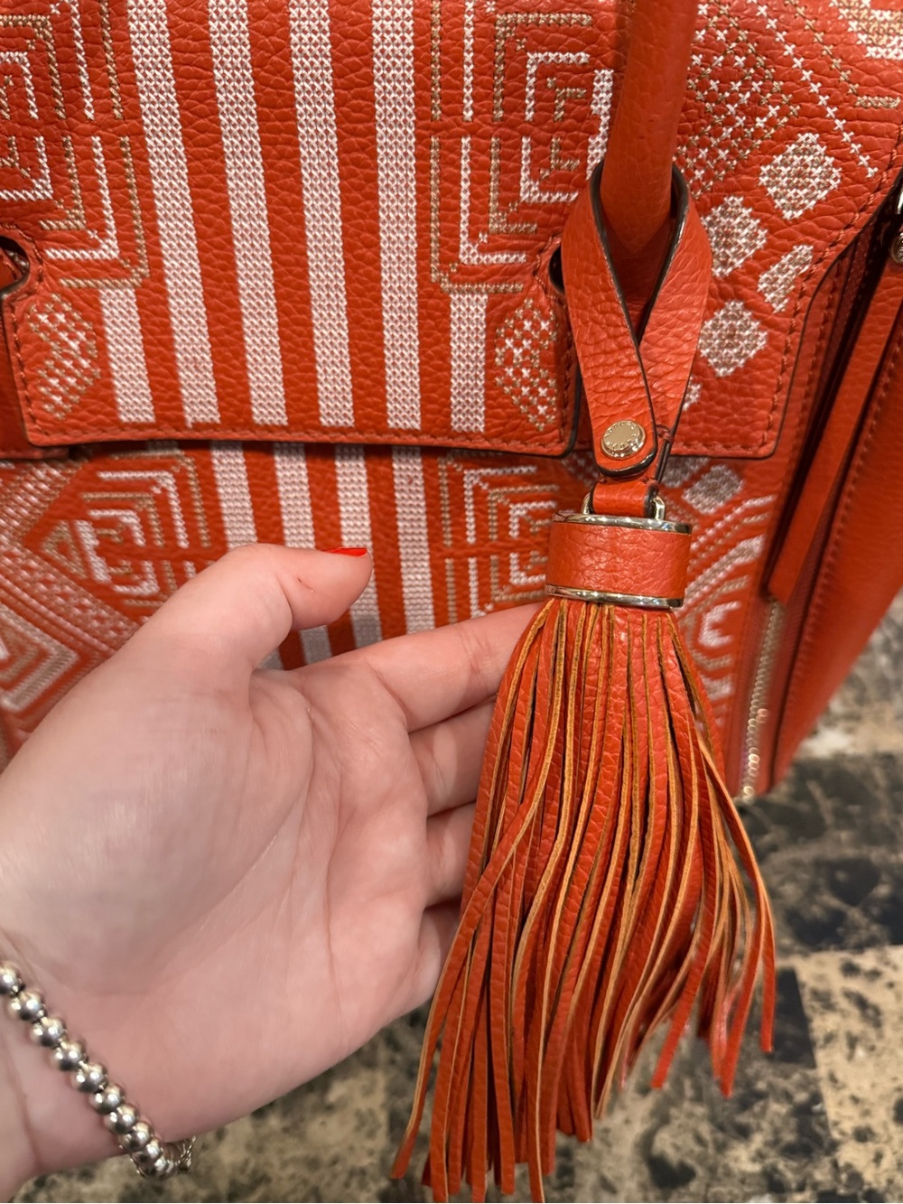 Henri Bendel Tribal Geo Embroidered Bag Paprika Red/Orange - Picture 9 of 14